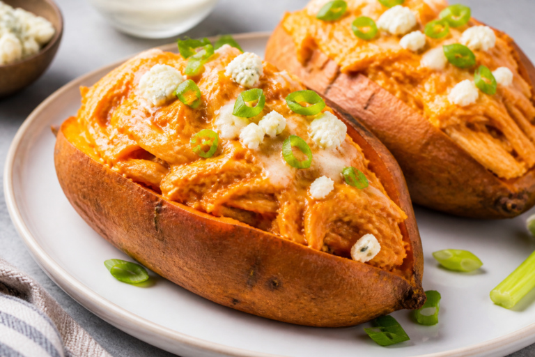 Buffalo Chicken Stuffed Sweet Potatoes – Spicy, Saucy, and Comforting