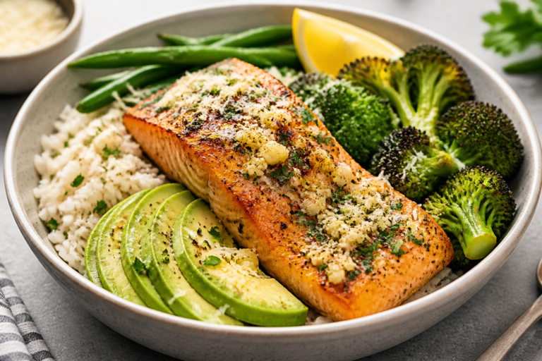 High Protein Garlic Parmesan Salmon Bowls – Simple, Satisfying, and Flavor-Packed