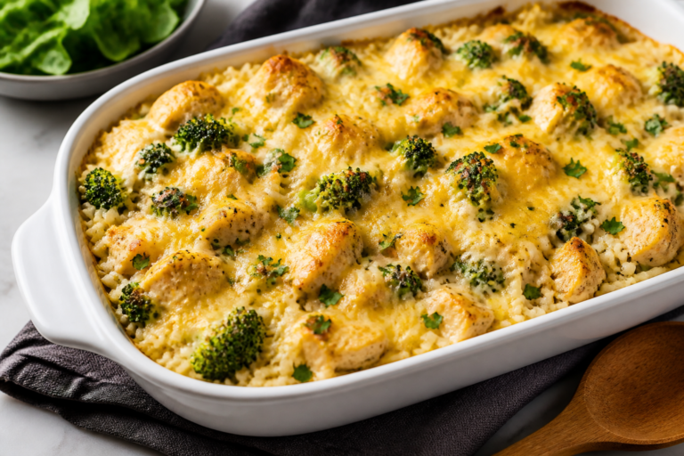 Cheesy Chicken Broccoli Rice Protein Bake – A Comforting, High-Protein Weeknight Dinner