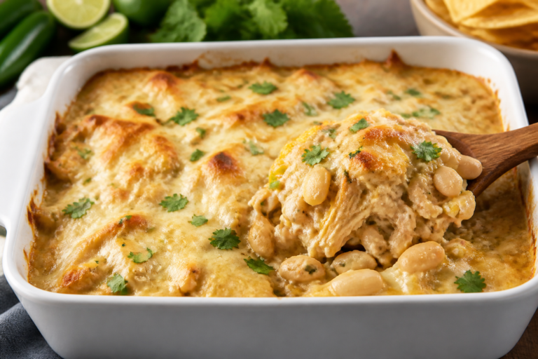 White Chicken Chili Casserole – Cozy, Creamy, and Weeknight-Friendly