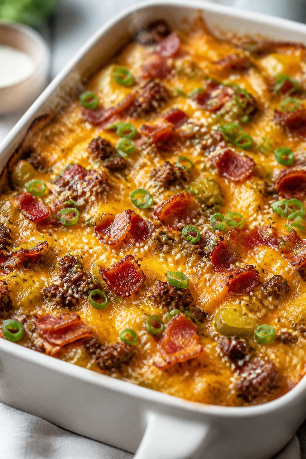 Close-up detail: A bubbling bacon cheeseburger casserole just out of the oven, edges lightly golden 