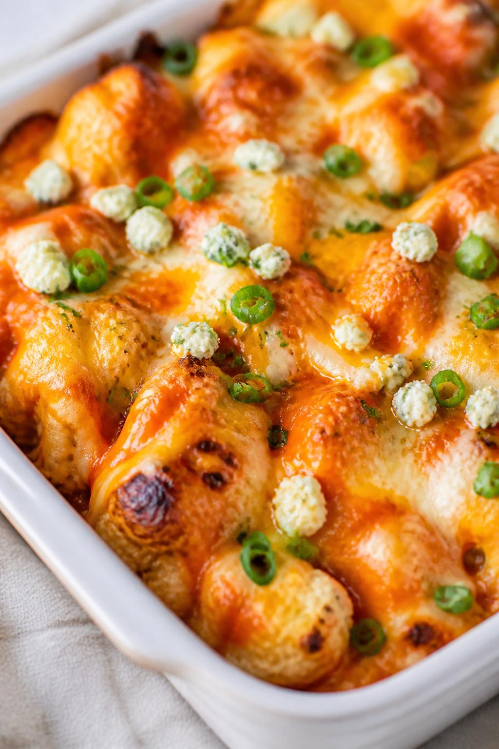 Close-up detail: A bubbling Buffalo Chicken Cauliflower Casserole just out of the oven, showing brow