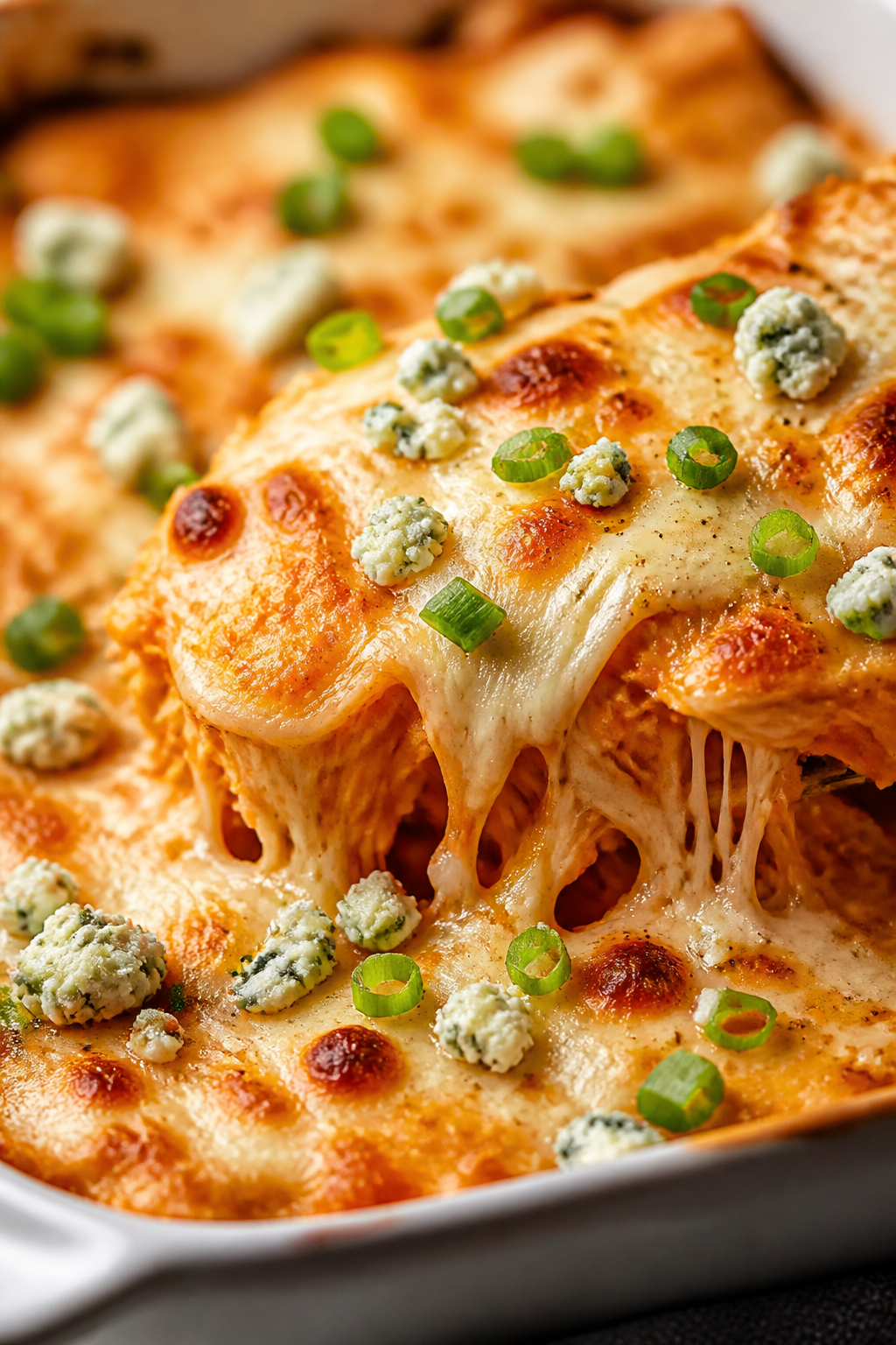 Close-up detail: A bubbling Buffalo Chicken Protein Bake just out of the oven, surface lightly golde