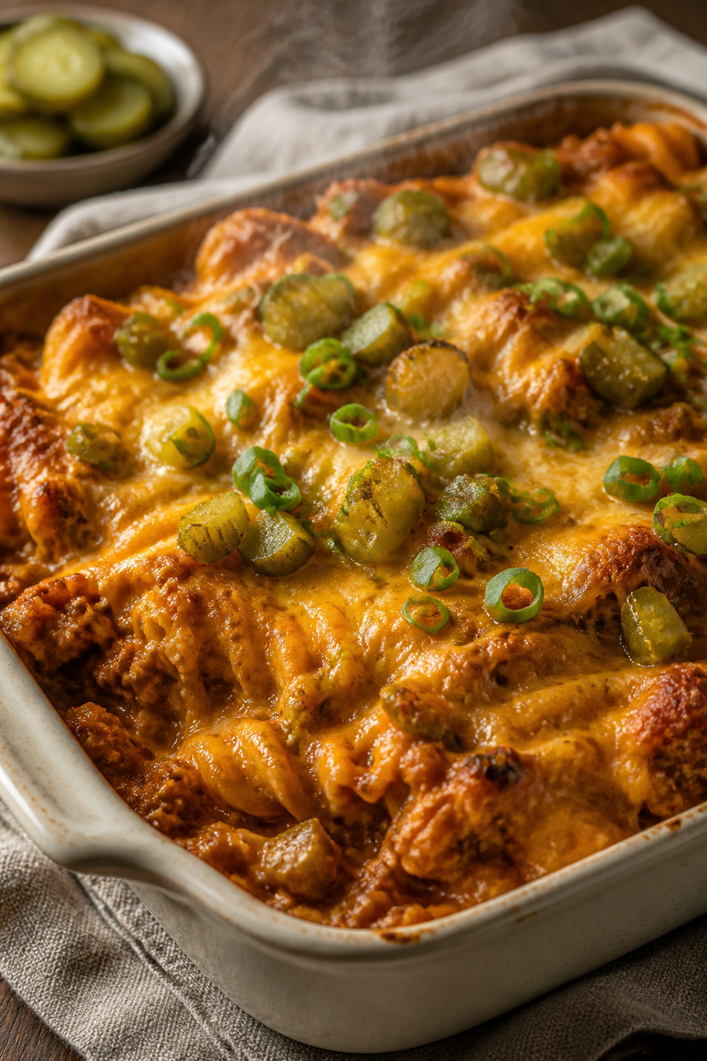 Close-up detail: A bubbling cheeseburger casserole just out of the oven, golden melted sharp cheddar