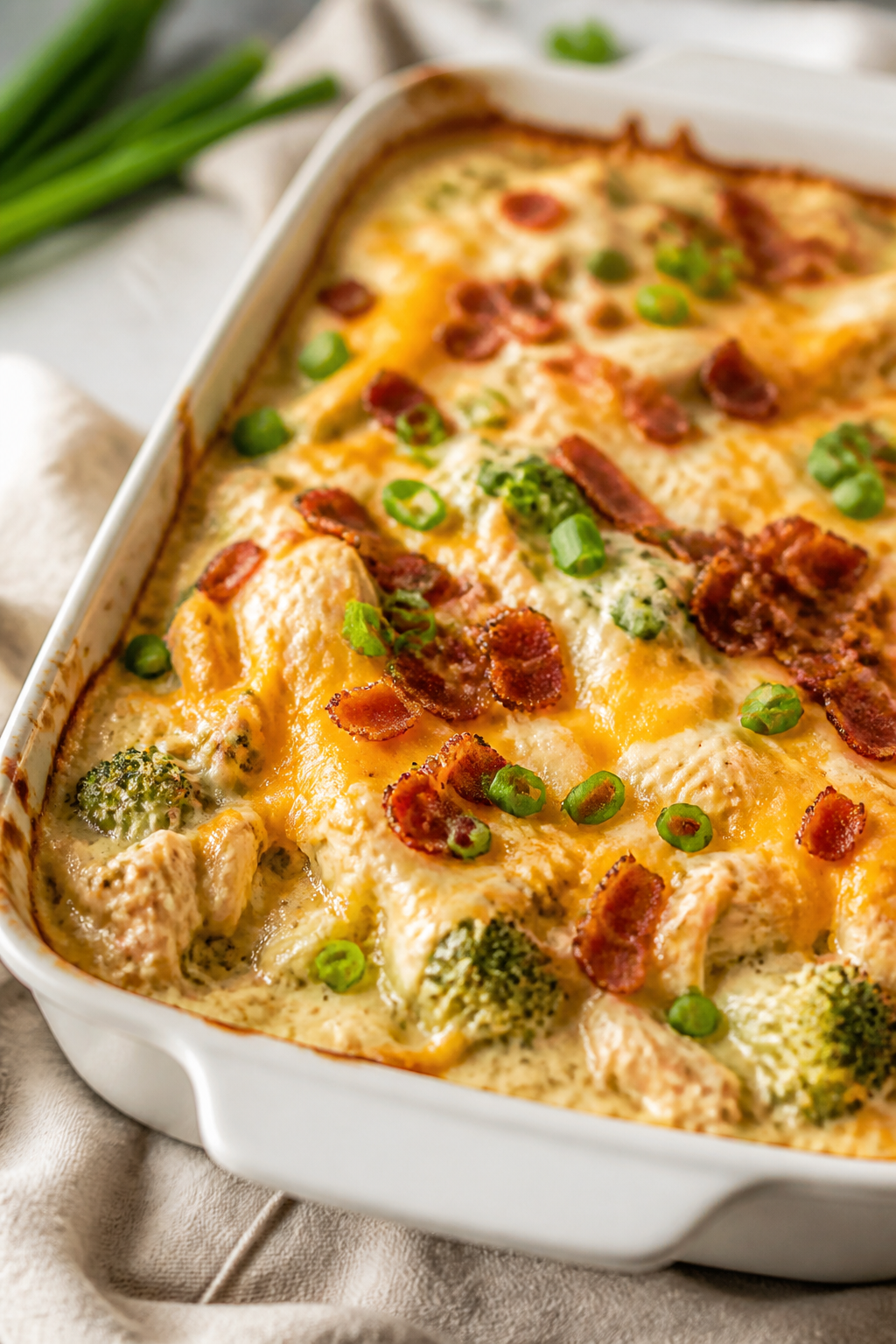 Close-up detail: A bubbling High Protein Crack Chicken Casserole just pulled from the oven, edges si
