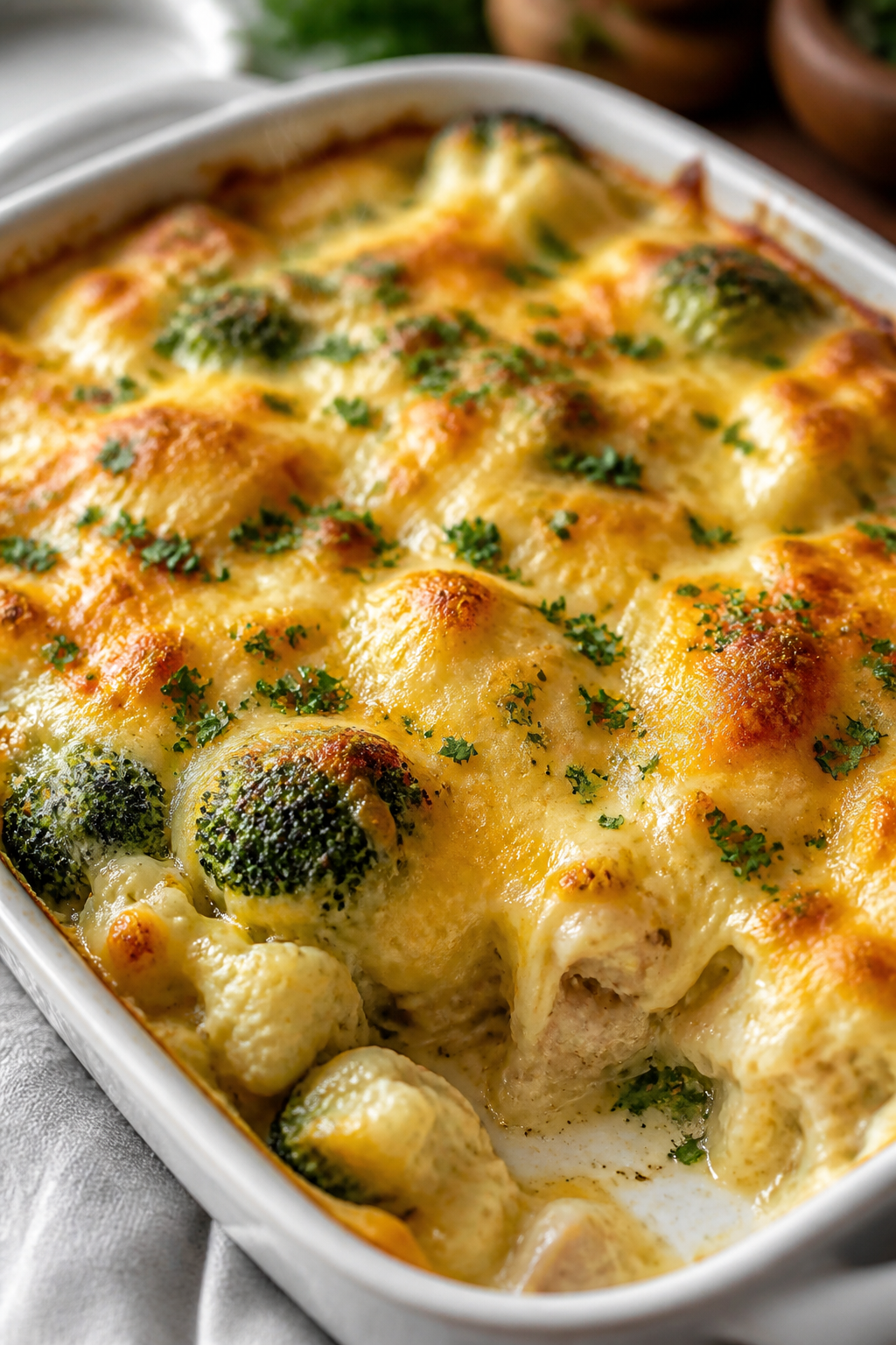 Close-up detail: A bubbling, just-out-of-the-oven low carb chicken casserole with a golden, lightly 