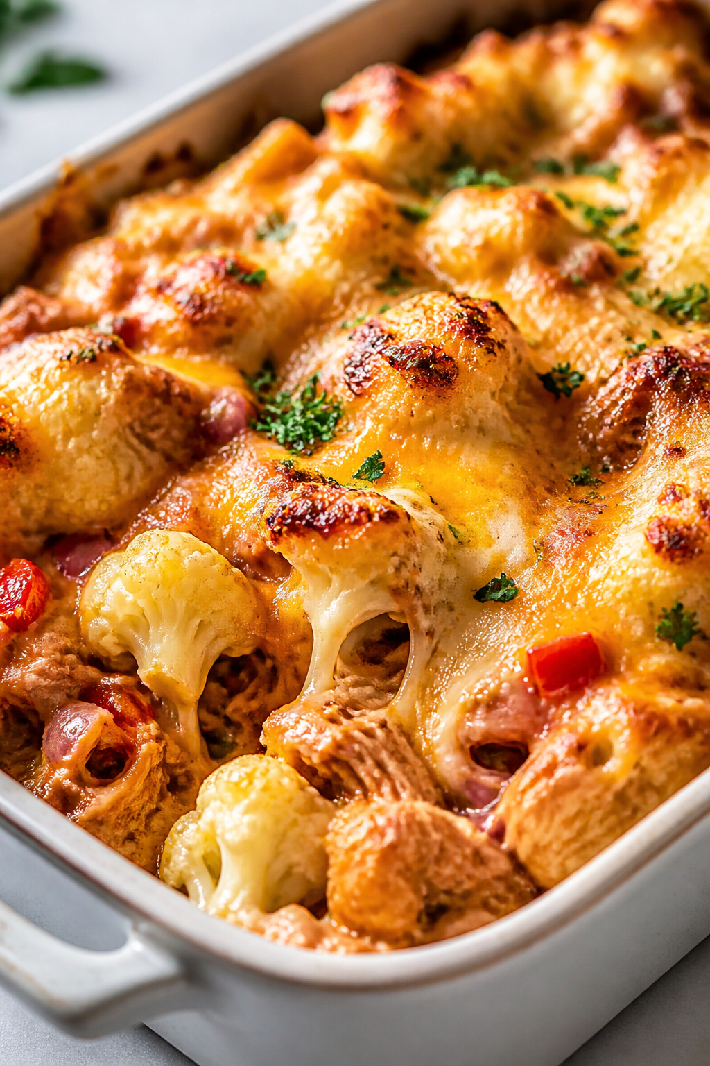 Close-up detail: A bubbling Keto BBQ Chicken Casserole just out of the oven, cheese layer of melted 
