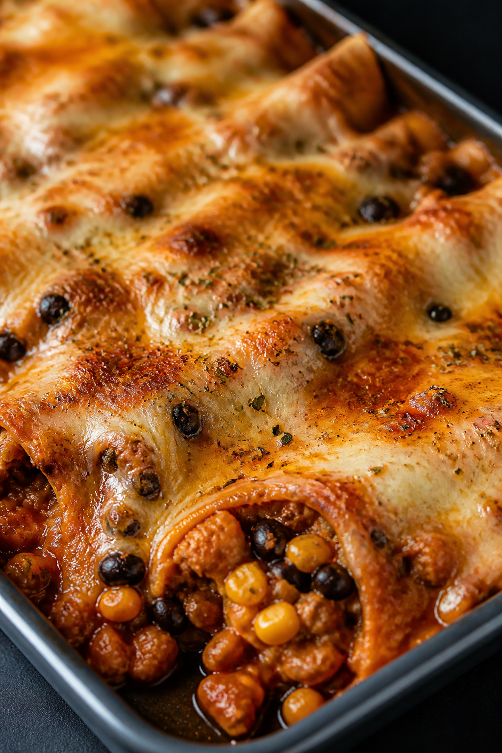 Close-up detail: A bubbling layer of the Ground Turkey Enchilada Bake just out of the oven, cheese m