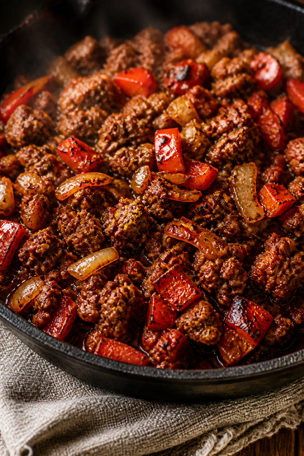Close-up detail: A bubbling skillet of browned lean ground beef with sautéed diced onion and red be