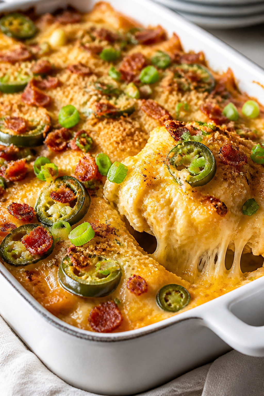 Close-up detail: A bubbly, golden Jalapeño Popper Chicken Bake just out of the oven, showing melted