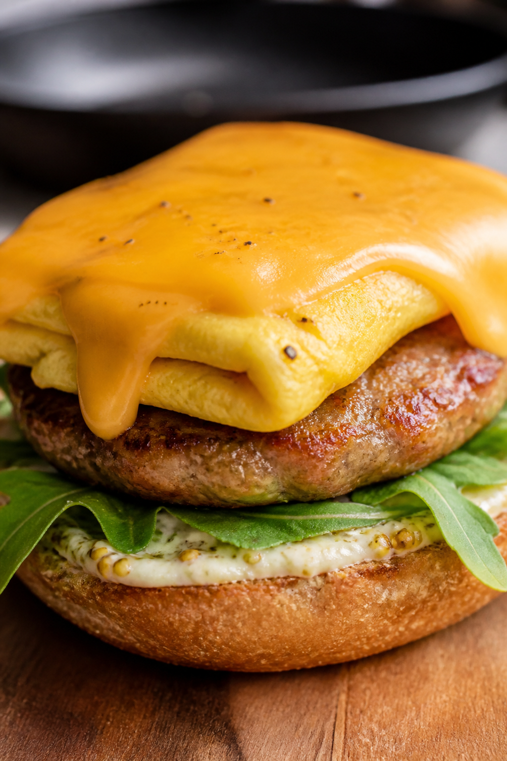 Close-up detail: A folded omelet-style egg square layered over a seared turkey sausage patty on a to