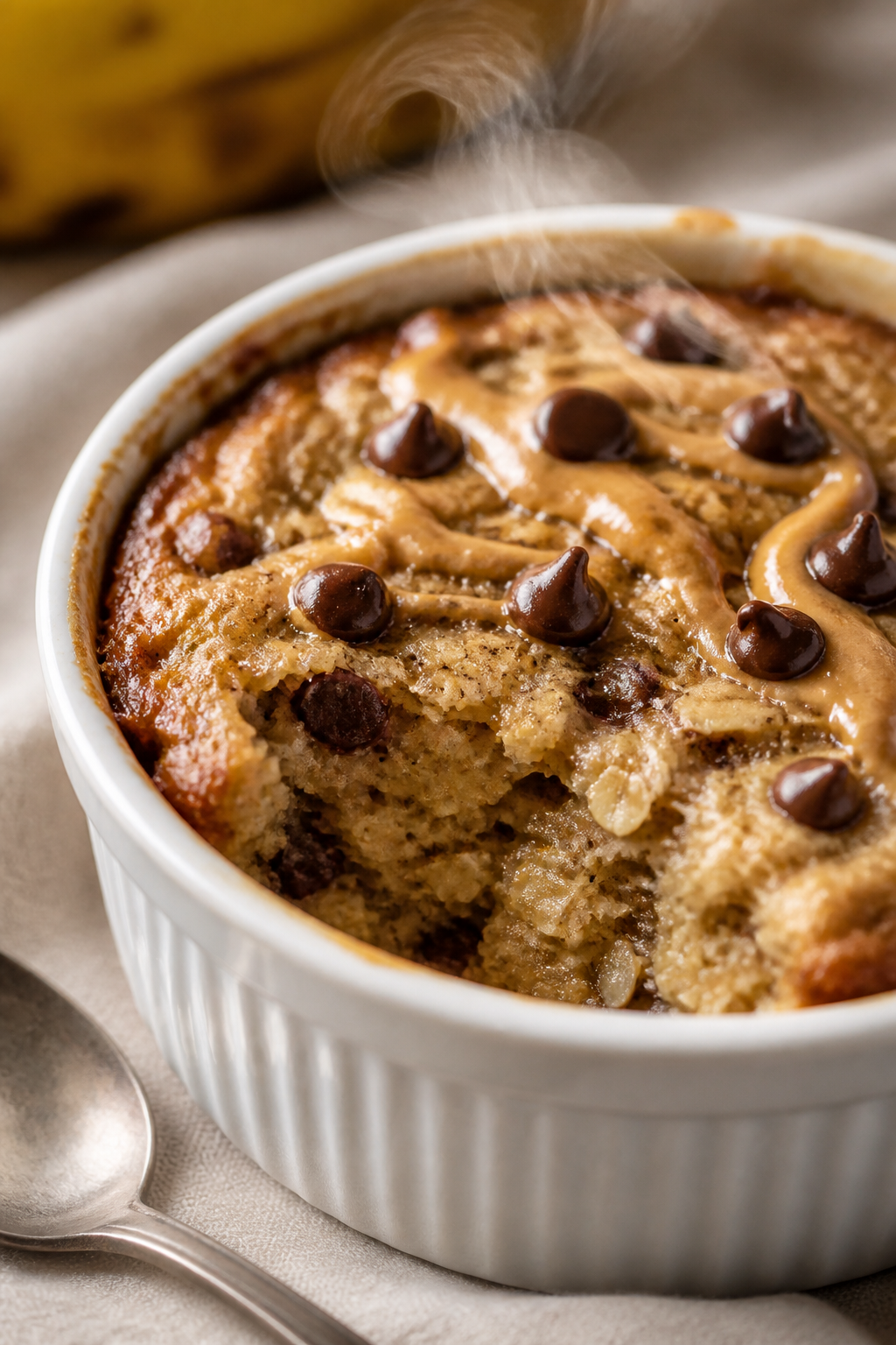 Close-up detail: A freshly baked ramekin of banana bread baked oats just out of the oven, golden edg