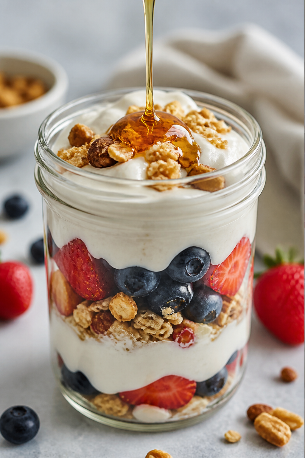 Close-up detail: A glass jar of Greek Yogurt Protein Parfait mid-assembly, showing the âlayer smar