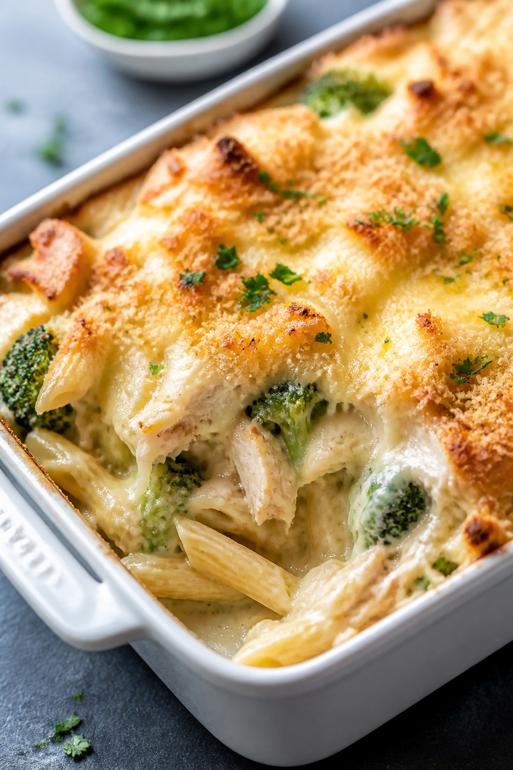 Close-up detail: A golden, bubbling chicken casserole just out of the oven, shot at a 45-degree angl
