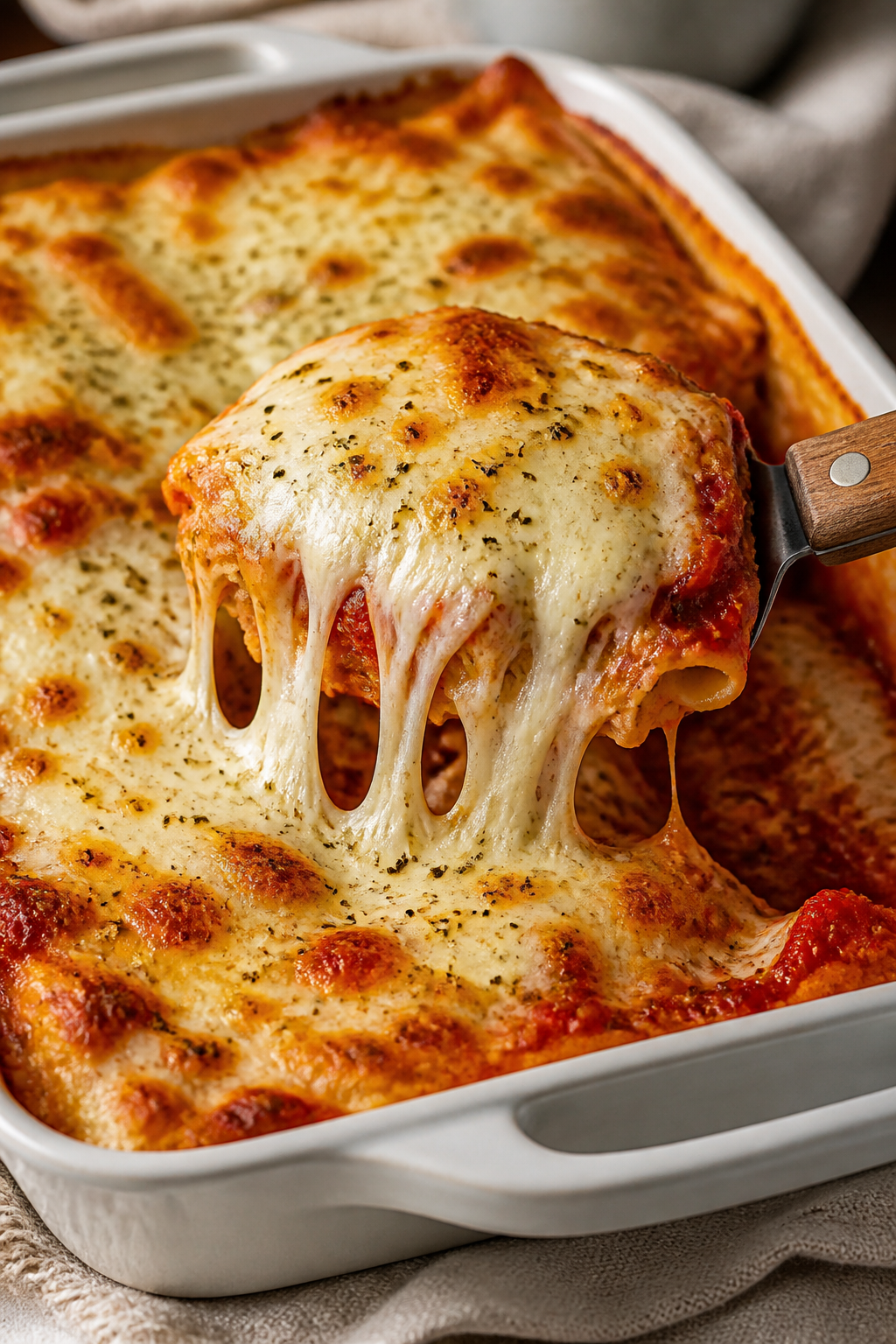 Close-up detail: A golden-bubbly top of the Cottage Cheese Protein Lasagna Bake just out of the oven