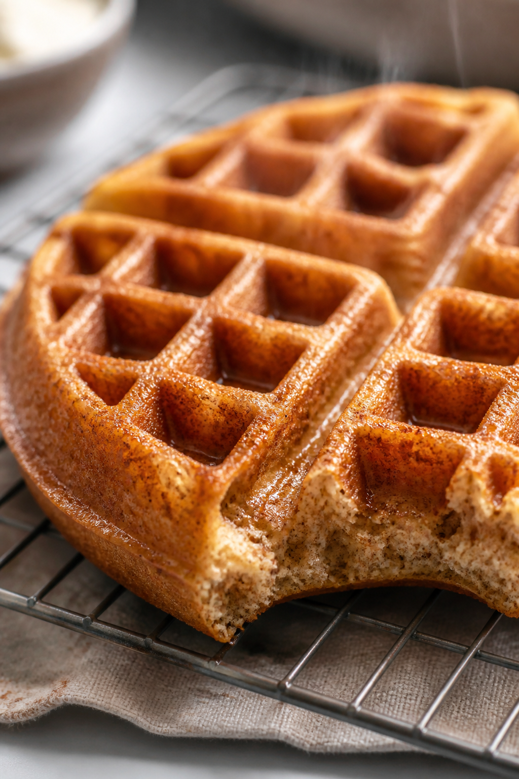 Close-up detail: A golden, freshly cooked cinnamon protein waffle just lifted from the waffle iron,
