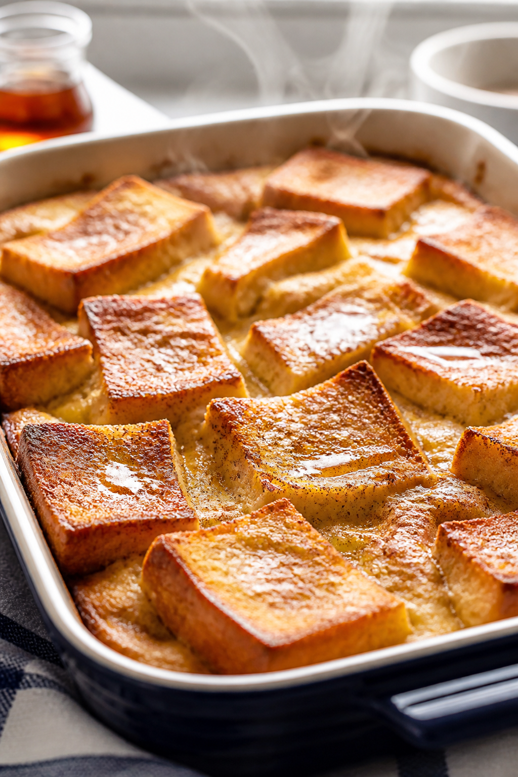 Close-up detail: A golden, just-baked Protein French Toast Bake in a 9x13 dish, edges caramelized an