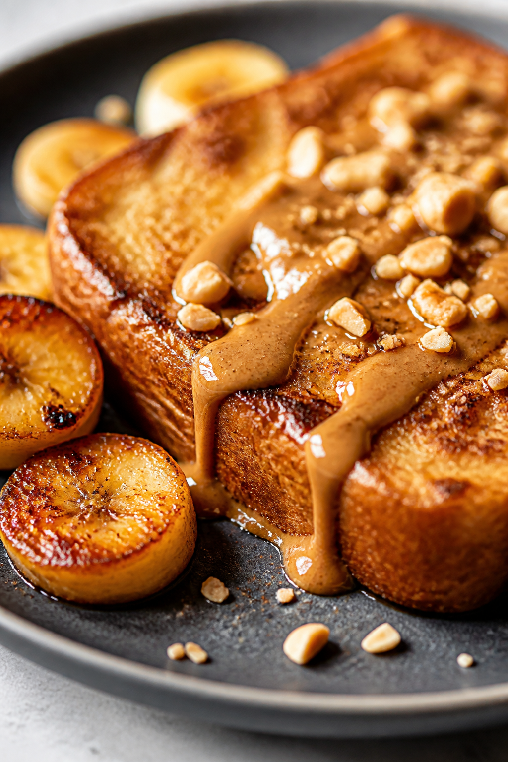 Close-up detail: A golden slice of Peanut Butter Banana Protein French Toast just off the skillet, e