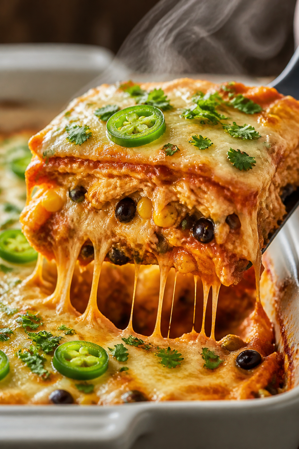 Close-up detail: A gooey slice of High Protein Chicken Enchilada Bake being lifted from the pan, sho