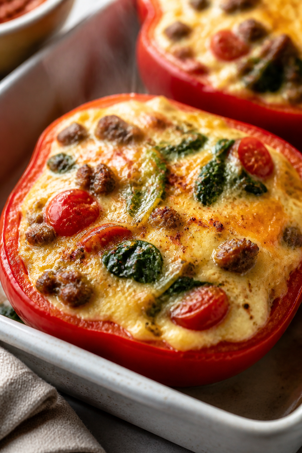 Close-up detail: A just-baked breakfast stuffed bell pepper half with golden, set egg custard studde