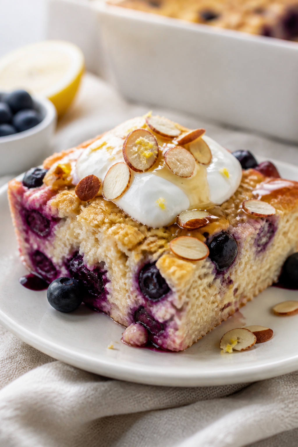 Close-up detail: A just-baked slice of Cottage Cheese Blueberry Breakfast Bake on a small white plat