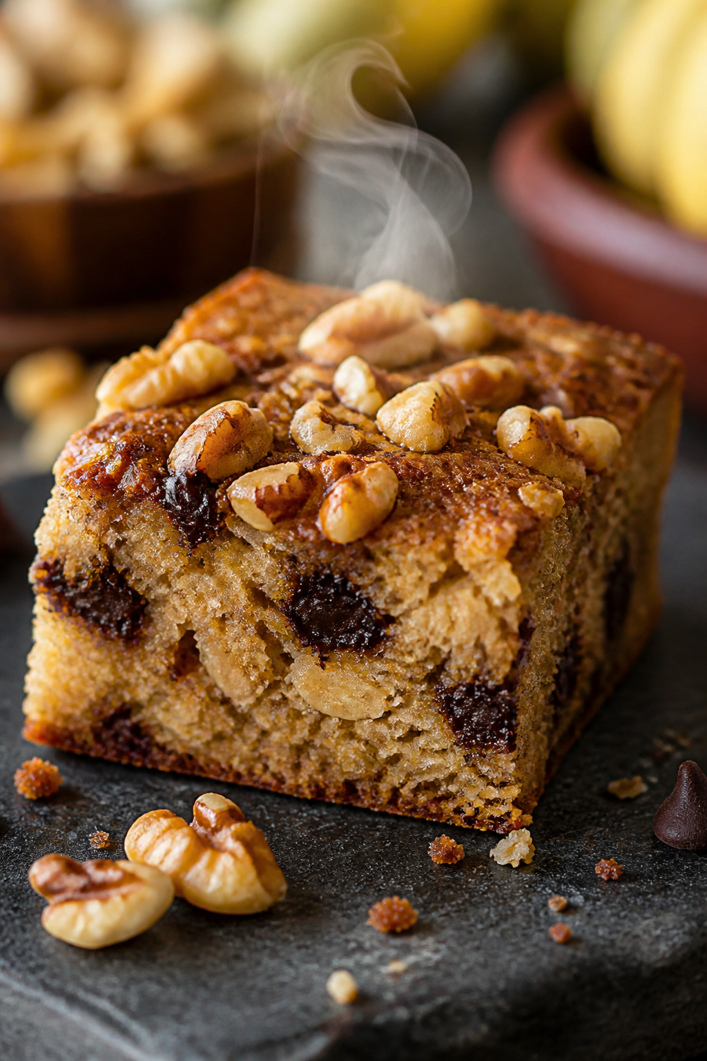 Close-up detail: A just-baked square of Protein Banana Nut Oatmeal Bake cut from the pan, showcasing