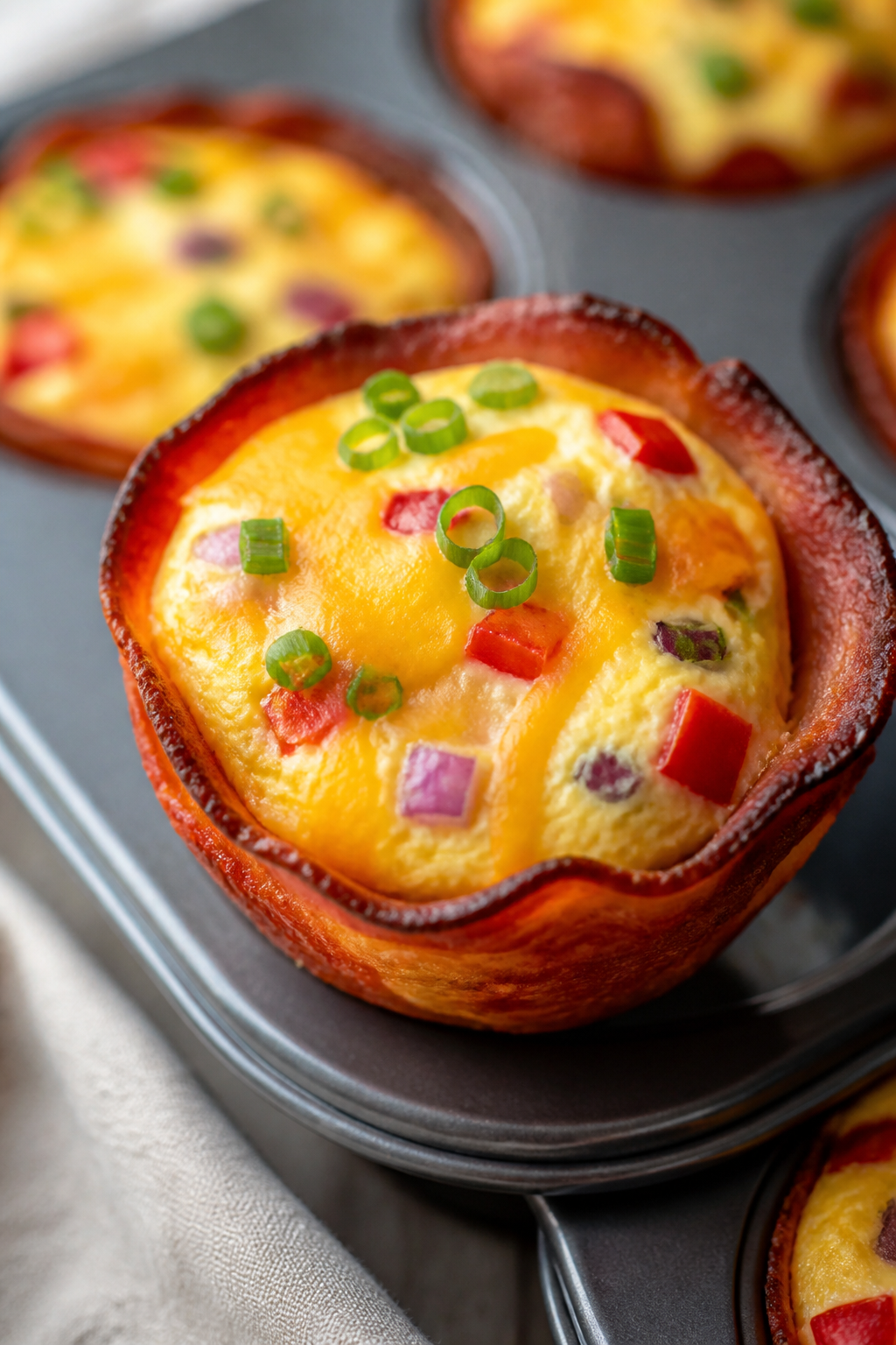Close-up detail: A just-baked Turkey Bacon Egg Muffin Cup lifted from a nonstick muffin tin, showing