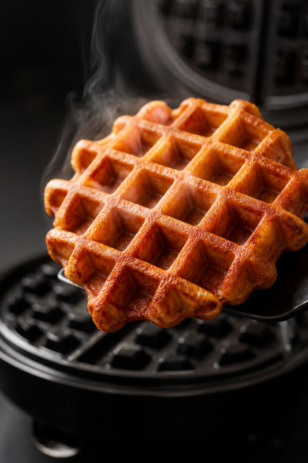 Close-up detail: A just-cooked protein waffle lifted from a hot waffle iron, edges deeply golden and