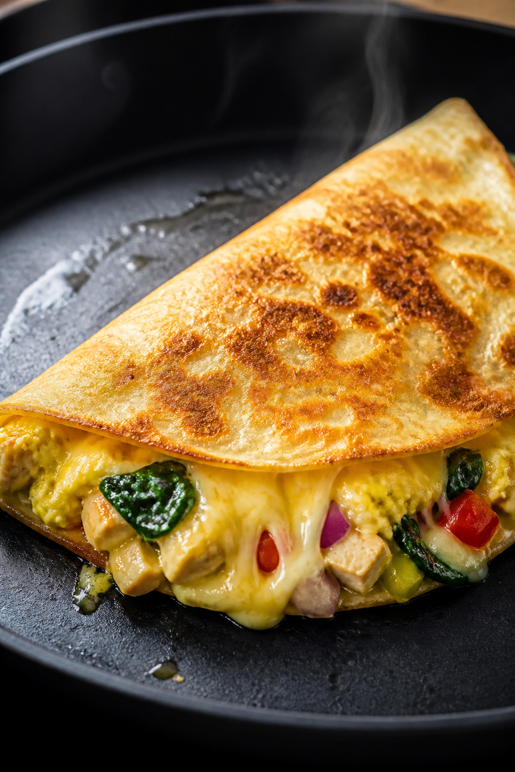 Close-up detail: A just-flipped breakfast quesadilla in a nonstick skillet, half-moon shape with the