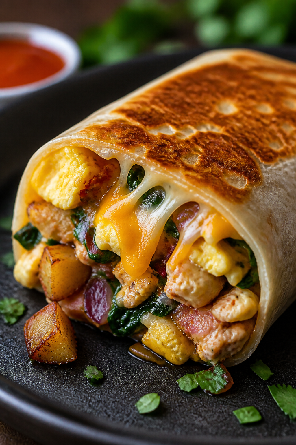 Close-up detail: A just-toasted breakfast burrito half on a warm cast-iron skillet, seam-side crispe