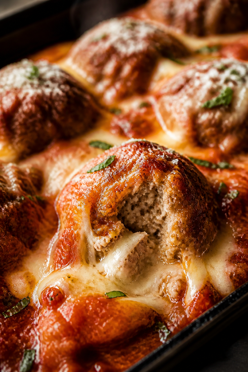 Close-up detail: A pan of freshly baked meatballs nestled in bubbling marinara, cheese just starting