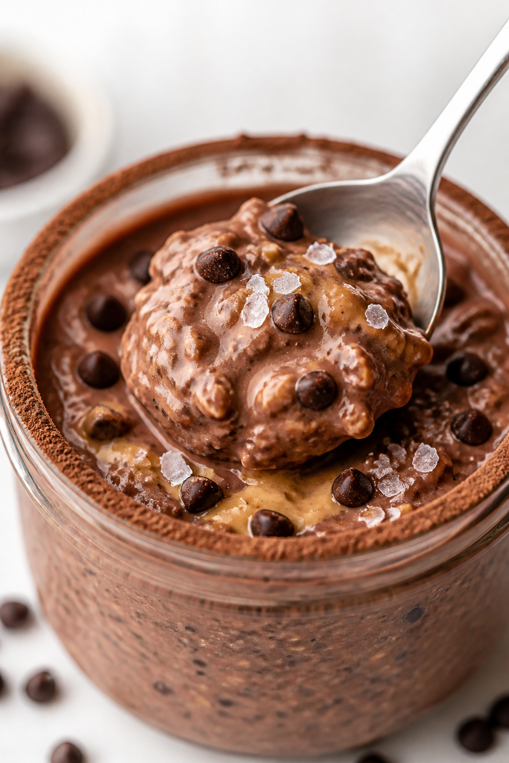 Close-up detail: A spoon scooping into creamy chocolate overnight oats straight from a jar, showing