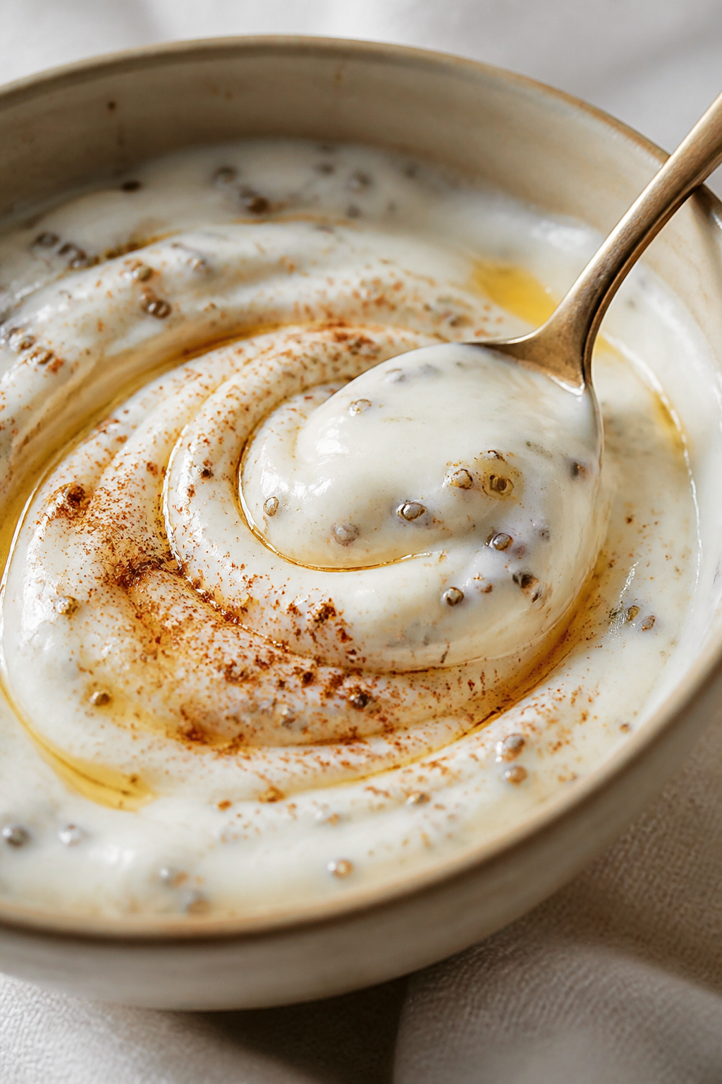Close-up detail: A spoon swirling through a thick, creamy Greek yogurt base mixed with vanilla prote