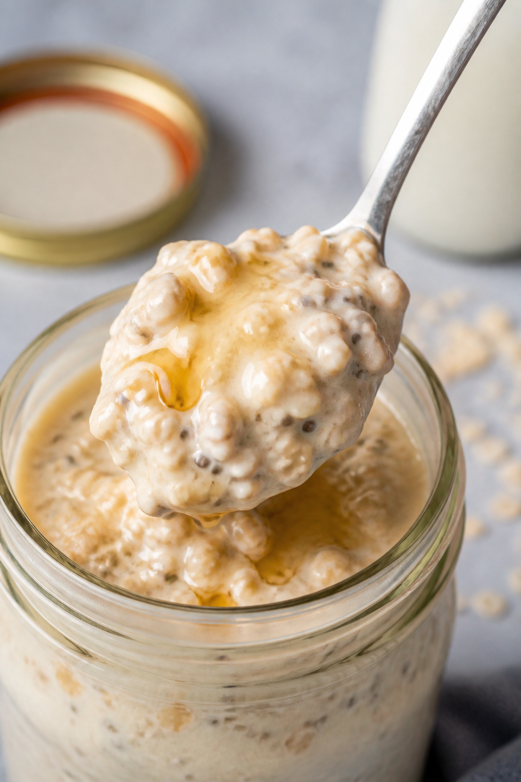 Close-up detail: A spoonful of thick, creamy protein overnight oats being lifted from a glass jar, s