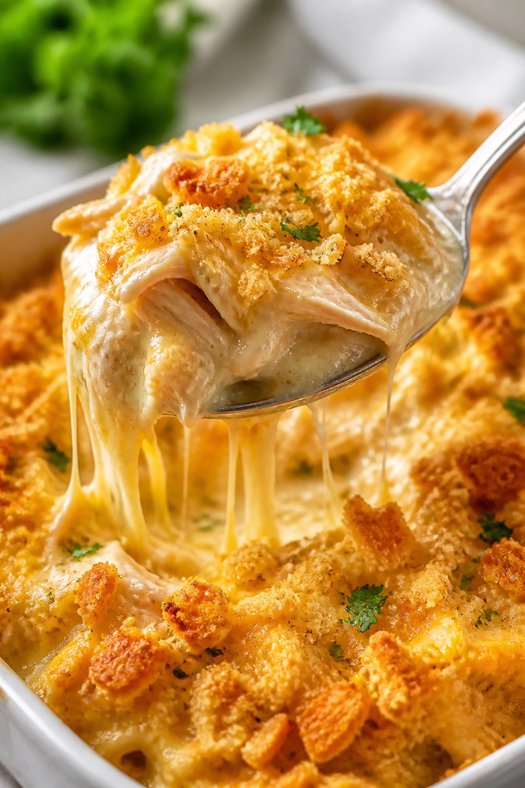 Close-up detail: A spoonful scoop of Million Dollar Chicken Casserole lifted from the baking dish, s