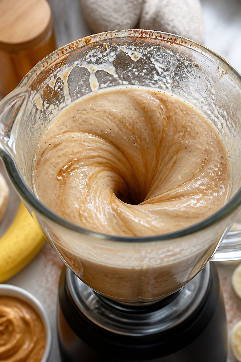 Close-up detail: A thick, creamy peanut butter banana smoothie mid-blend in a glass blender jar, vor