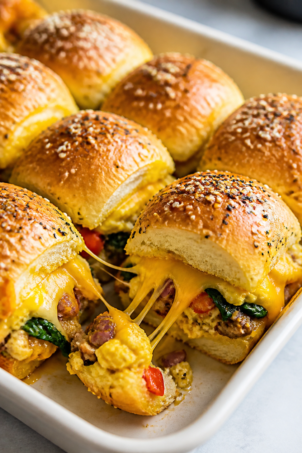 Close-up detail: A tray of freshly baked protein-packed breakfast sliders just out of the oven, tops