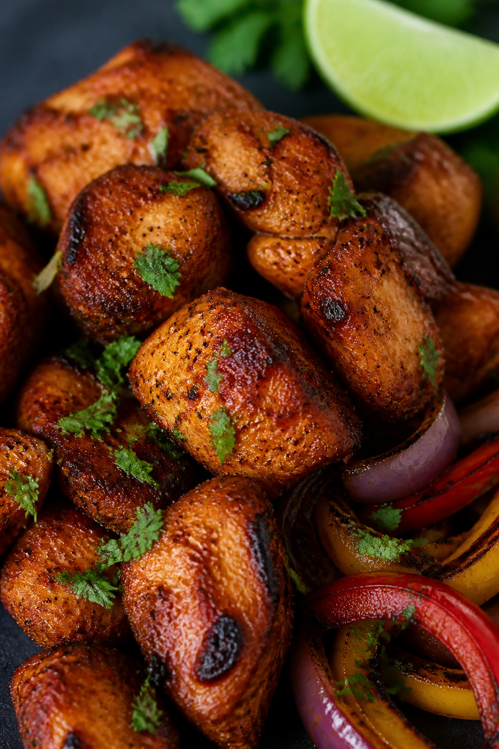 Close-up detail: Air-fried Cajun chicken bites just out of the basket, caramelized edges with a ligh