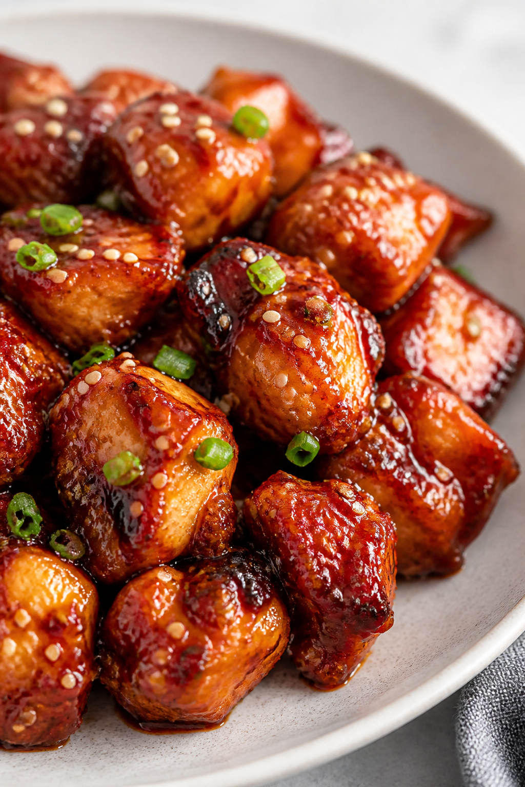 Close-up detail: Air Fryer BBQ Chicken Bites just after the final coat, glistening with a glossy smo
