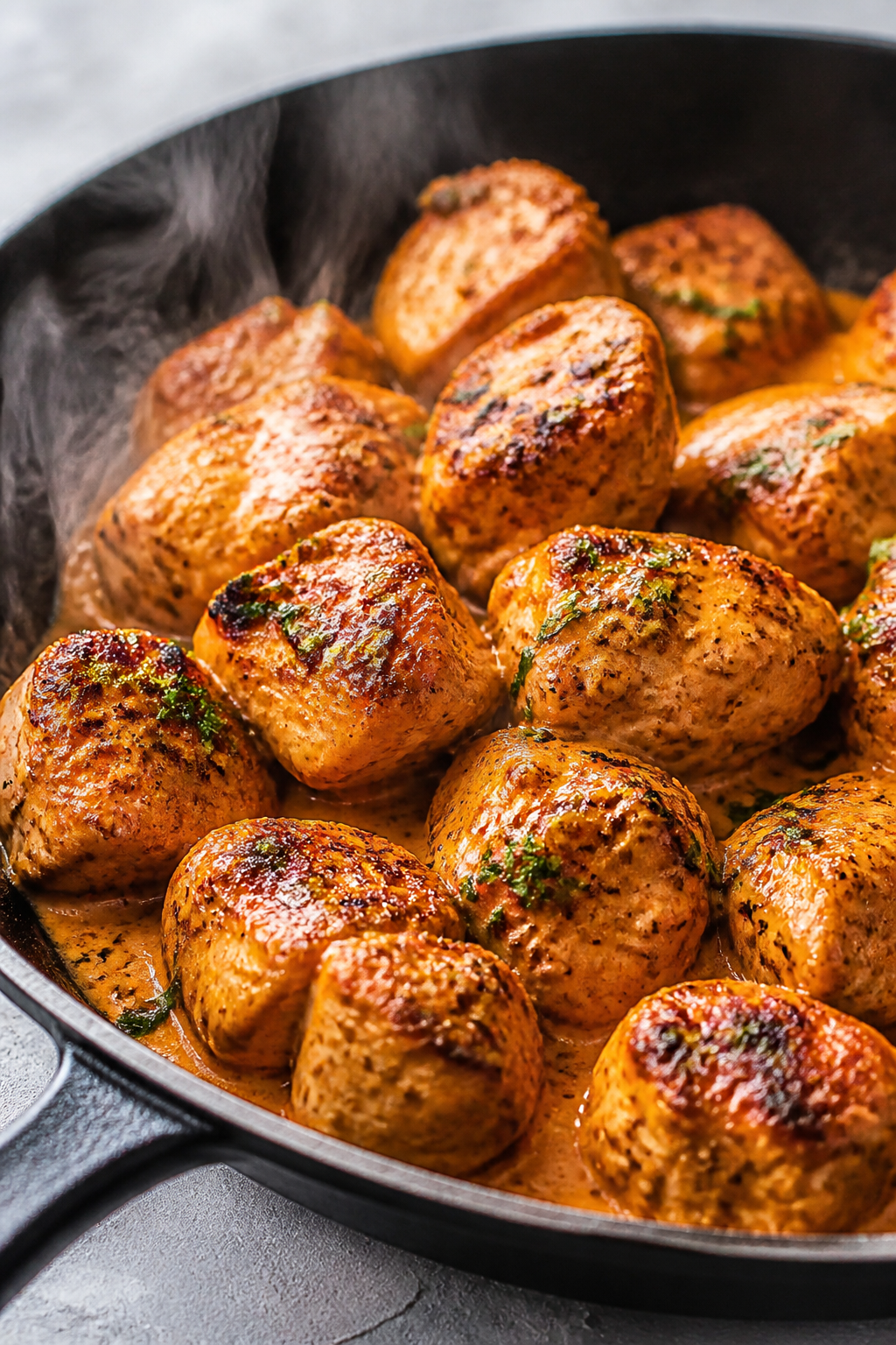 Close-up detail: Bite-size seared Buffalo chicken coated in glossy Buffalo–Greek yogurt sauce sizz