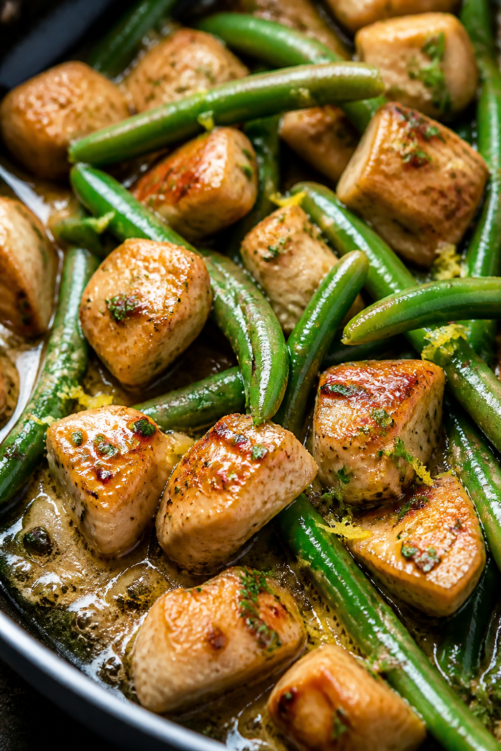 Close-up detail: Bite-size seared chicken pieces glistening in a glossy garlic butter sauce with vis