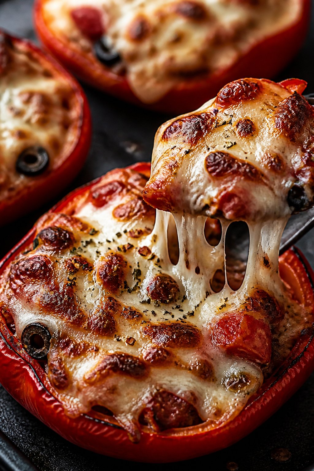 Close-up detail: Broiled, bubbly mozzarella-topped pizza stuffed pepper half fresh from the oven, ch
