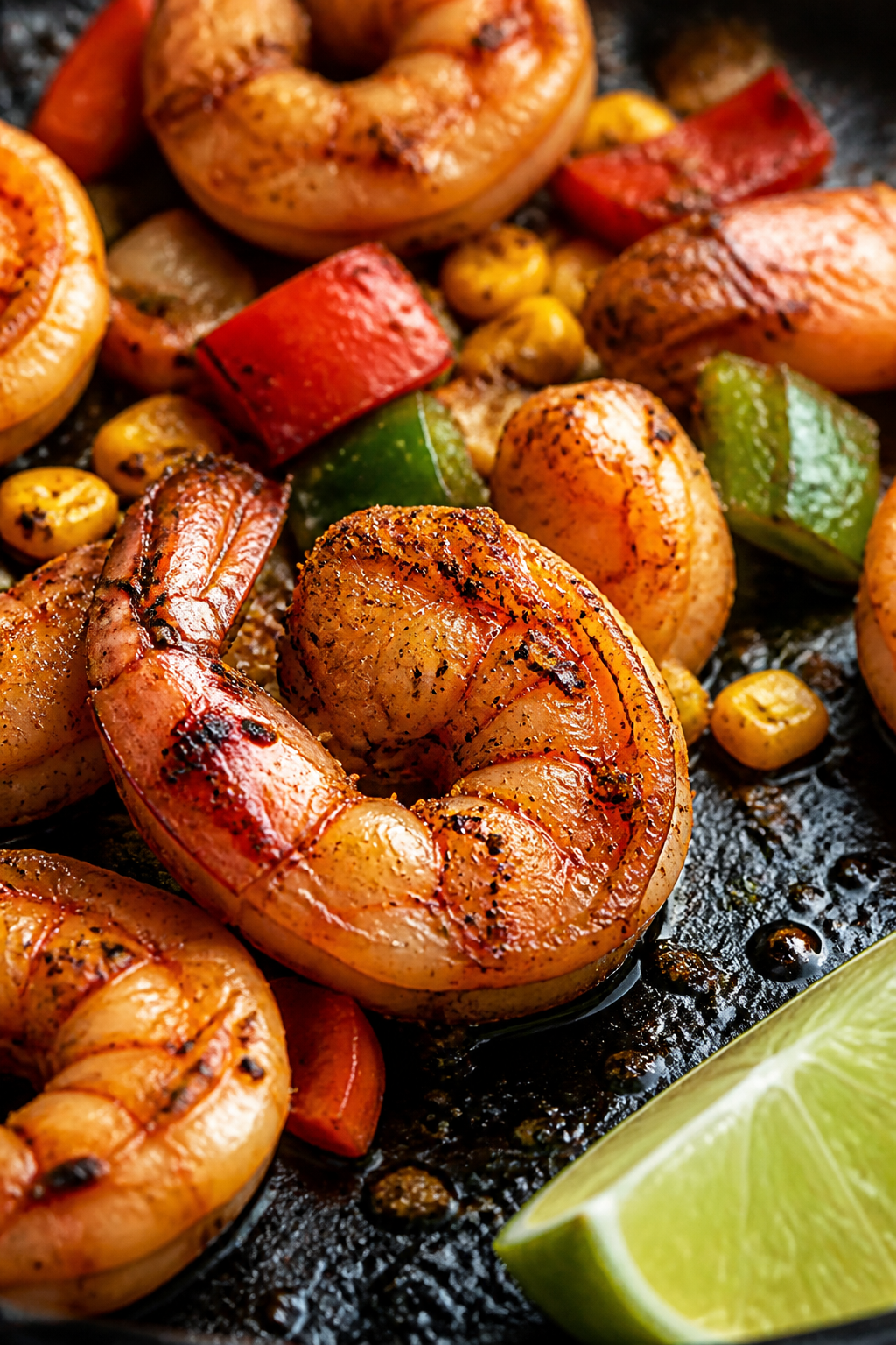 Close-up detail: Cajun-spiced shrimp just seared in a cast-iron skillet, lightly charred edges and g