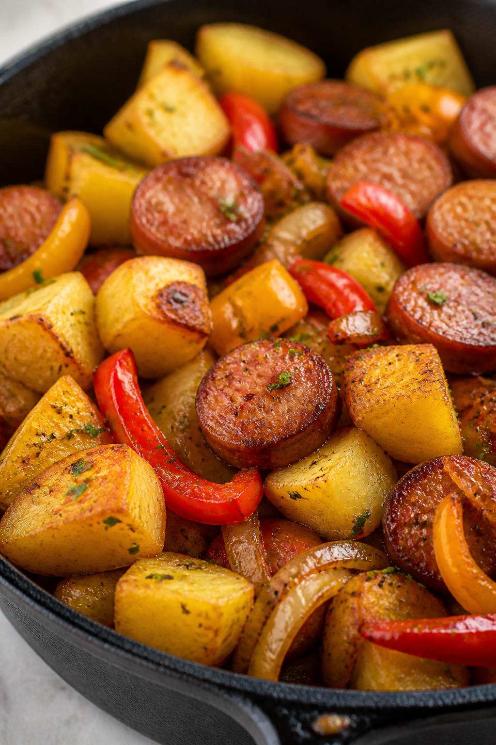 Close-up detail: Cast-iron skillet scene with golden, crispy-edged Yukon gold potato cubes and brown