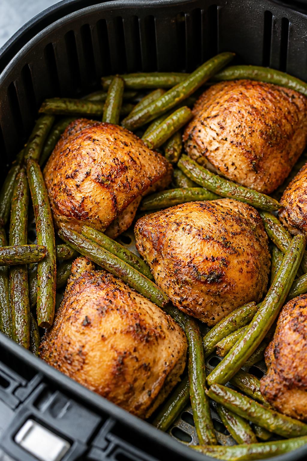 Close-up detail: Crispy air-fried ranch chicken thigh pieces nestled with blistered green beans insi