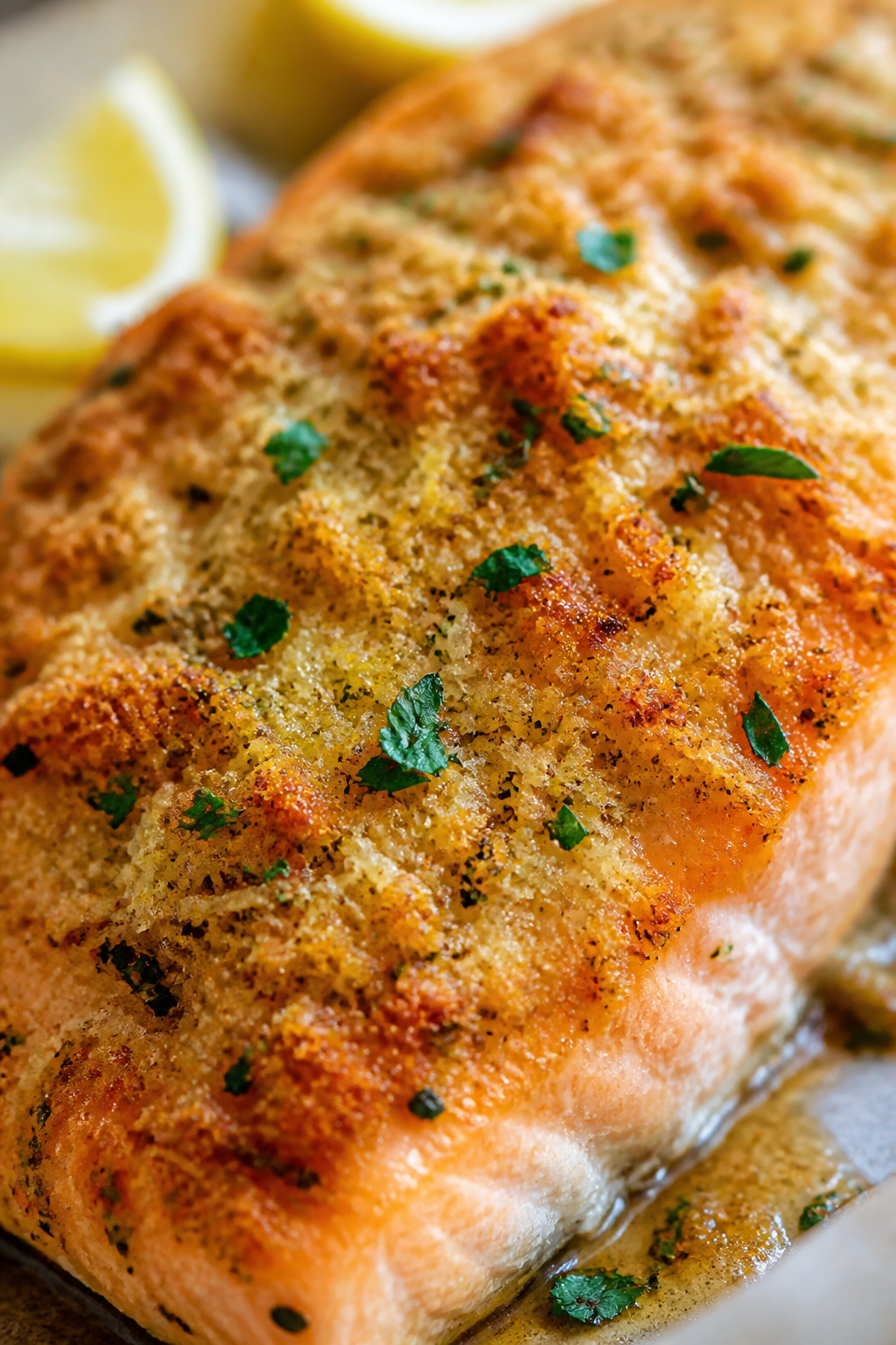 Close-up detail: Crispy Parmesan-crusted salmon just out of the oven under warm natural light, extre