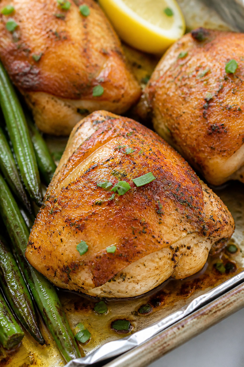 Close-up detail: Crispy ranch-seasoned chicken thigh just out of the oven, skin-side up with deep go