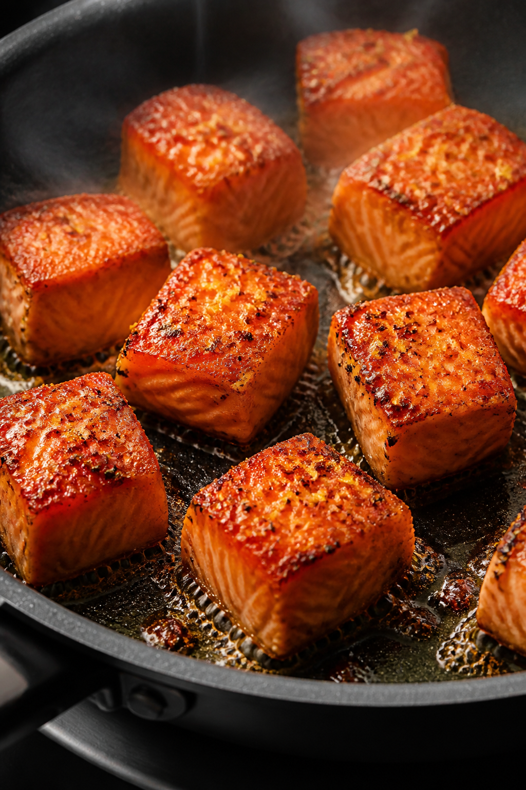 Close-up detail: Crispy salmon bites sizzling in a nonstick skillet during the pan-sear step, showin
