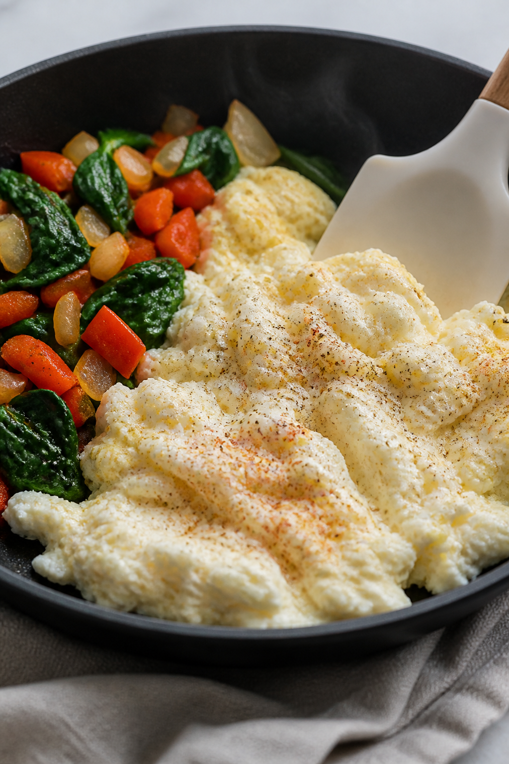 Close-up detail: Fluffy egg white curds just set in a nonstick skillet, gently folded with a silicon