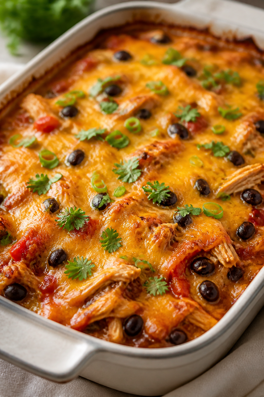 Close-up detail: Freshly baked BBQ Chicken Protein Casserole just out of the oven, bubbling edges an